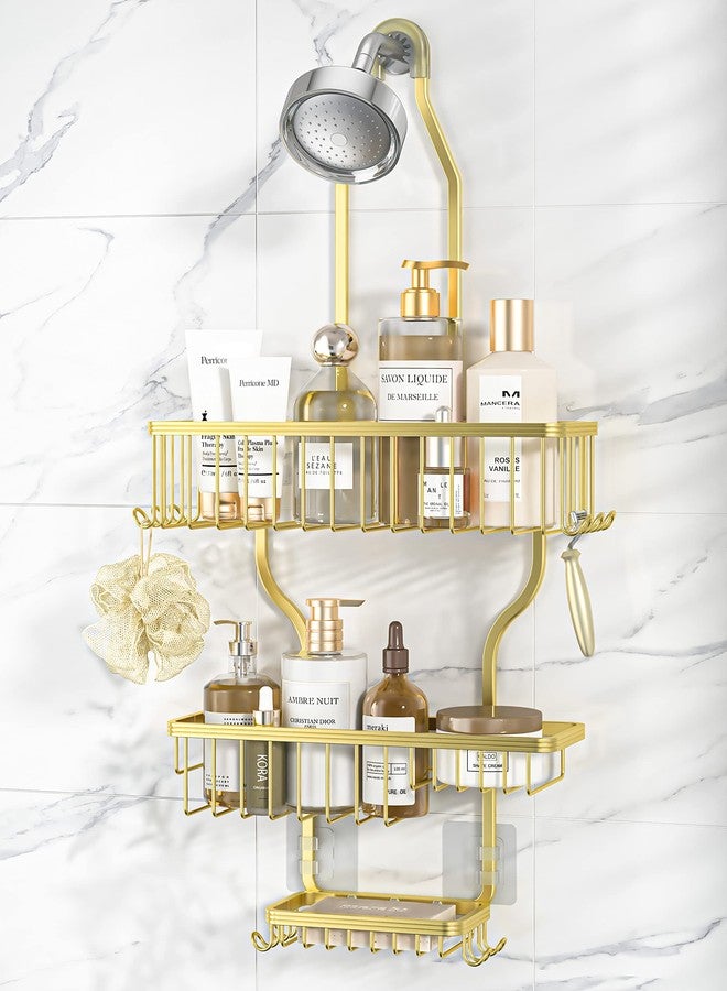 YASONIC Never Rust Shower Caddy Hanging Organizer - Aluminum Over-the-Showerhead Rack With 10 Hooks for Razor/Sponge and Soap Basket - Gold - Image 1